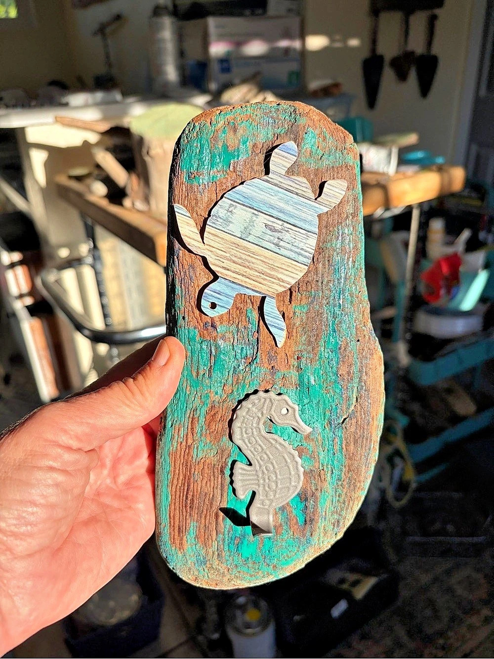 Handcrafted Wood Turtle & Seahorse Wall Art(hook)